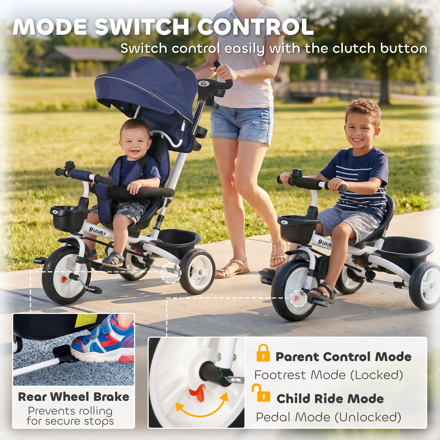 Metal Frame 6 in 1 Baby Push Tricycle with Parent Handle for 1-5 Years Old, Dark Blue
