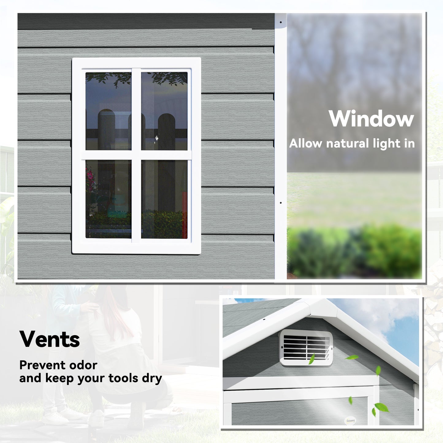 4 x 3 ft Plastic Garden Shed with Floor, Outdoor Storage Shed with Lockable Door, Window and Vent, Light Grey