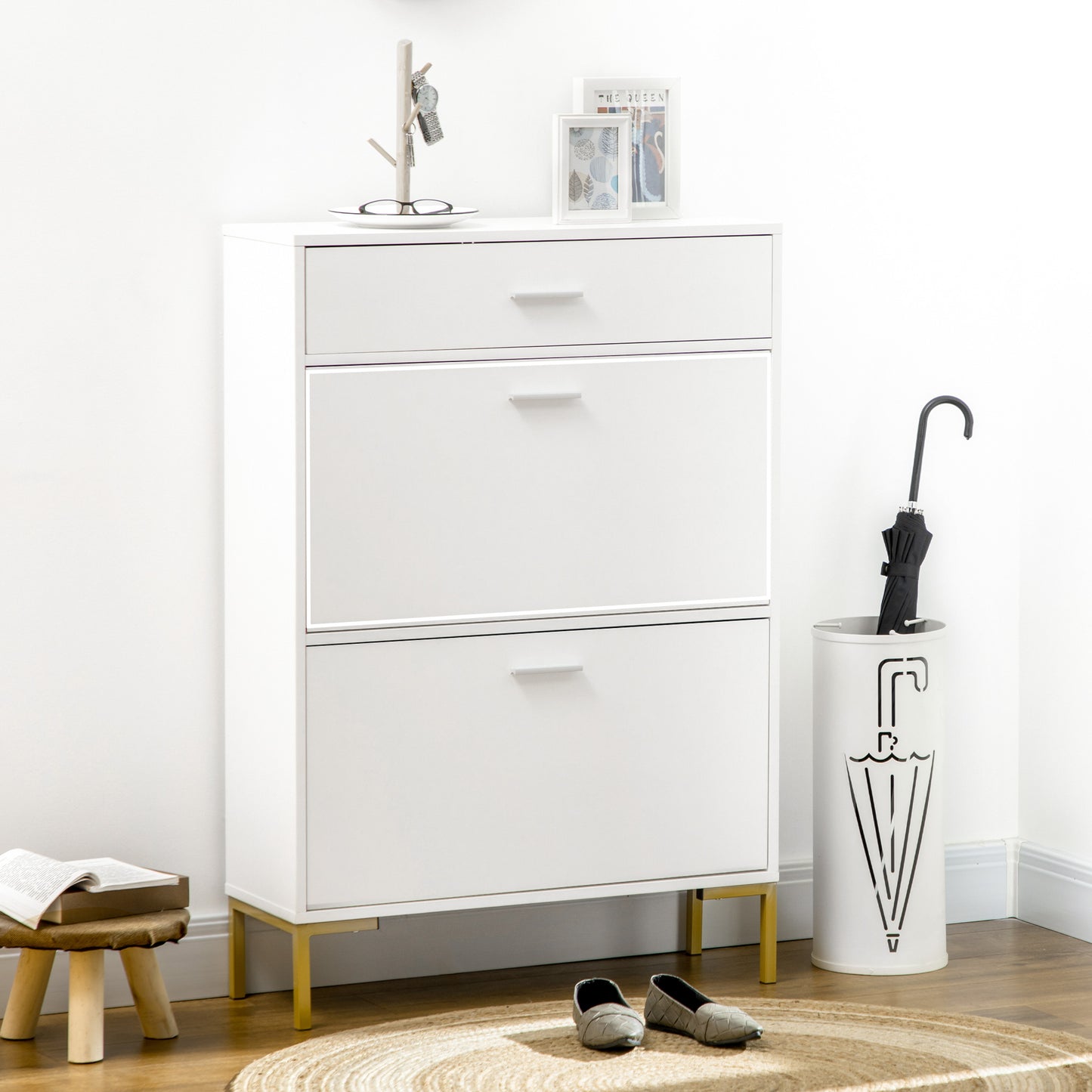 Three Drawer Slim Shoe Storage Cabinet, 12 Shoe Pairs - White