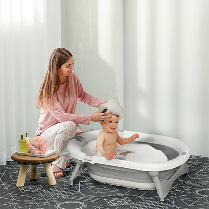 Foldable Baby Bathtub Set, Collapsible Bath Tub with Thermostatic Water Plug, Non-Slip Support, Cushion Pad, Drain Plugs