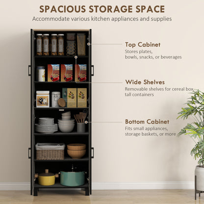 Freestanding Kitchen Cupboard, 4-Door Storage Cabinet with Adjustable Shelves, Modern Kitchen Pantry, 170cm, Black
