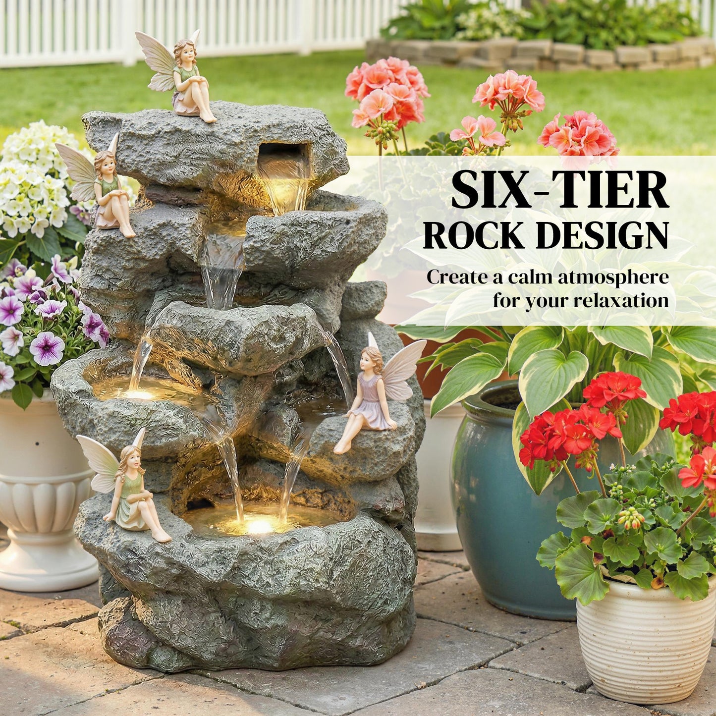 Outdoor Fountain with 6-Tier Rock Design, Waterfall Feature with LED Lights, Resin Freestanding Garden Fountain, Grey