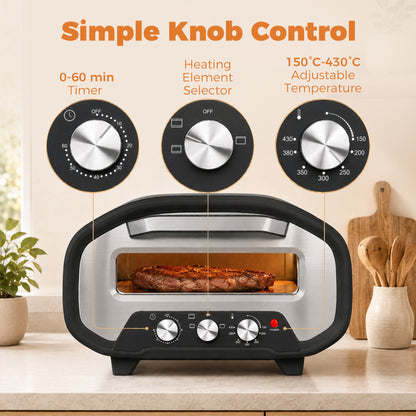Electric Pizza Oven, Pizza Maker with 3 Knob Control and Ceramic Stone, Viewing Window, 2200W