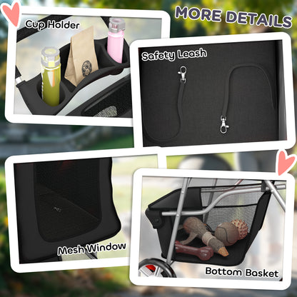 Dog Pram, Pet Stroller with Reflective Strips, Foldable Cat Stroller with 360° Swivel Wheels, Black
