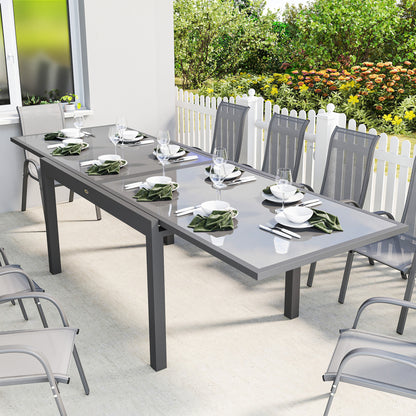 Extending Garden Table for 6-10, Aluminium Outdoor Dining Table with Tempered Glass Top, Grey