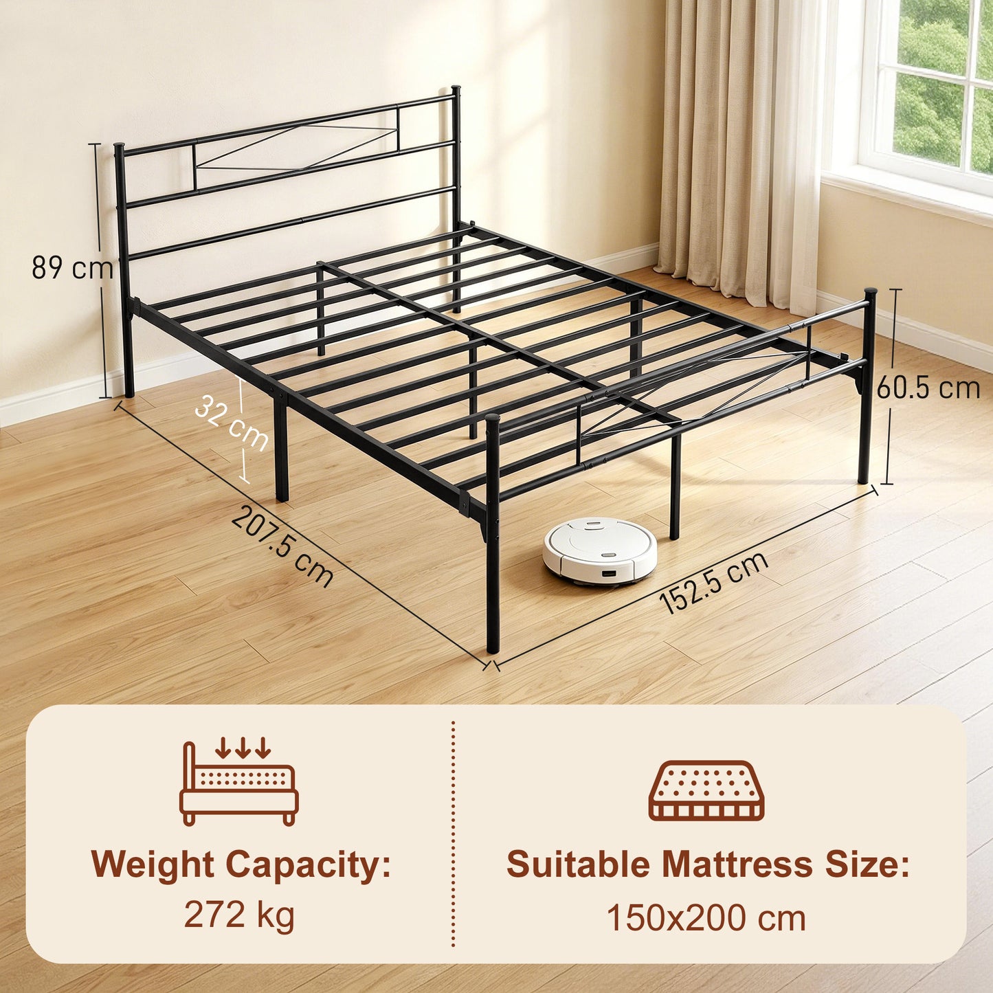 5ft King Bed Frame with Headboard and Footboard, Metal Platform Bed Frame with 32 cm Underbed Storage, Black