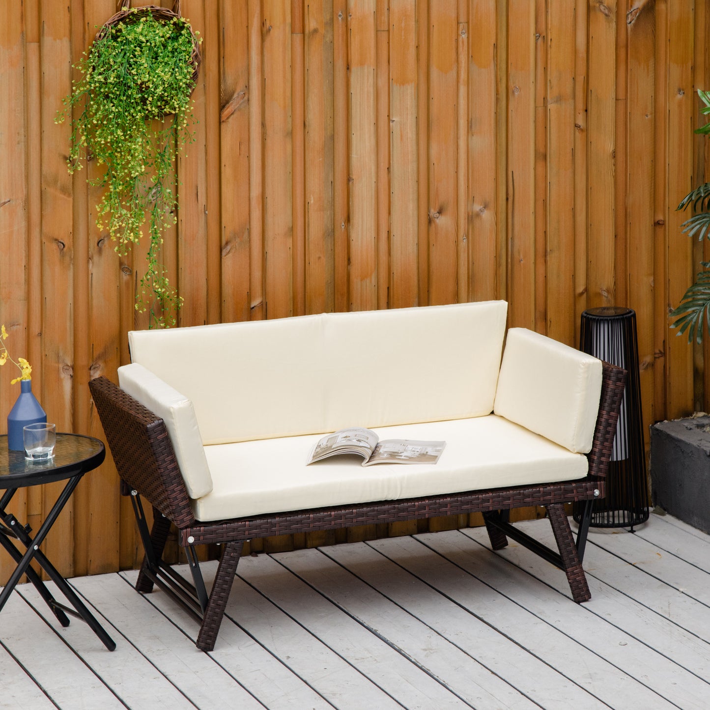 2-Seater 2-in-1 Rattan Convertible Sofa Daybed, Brown
