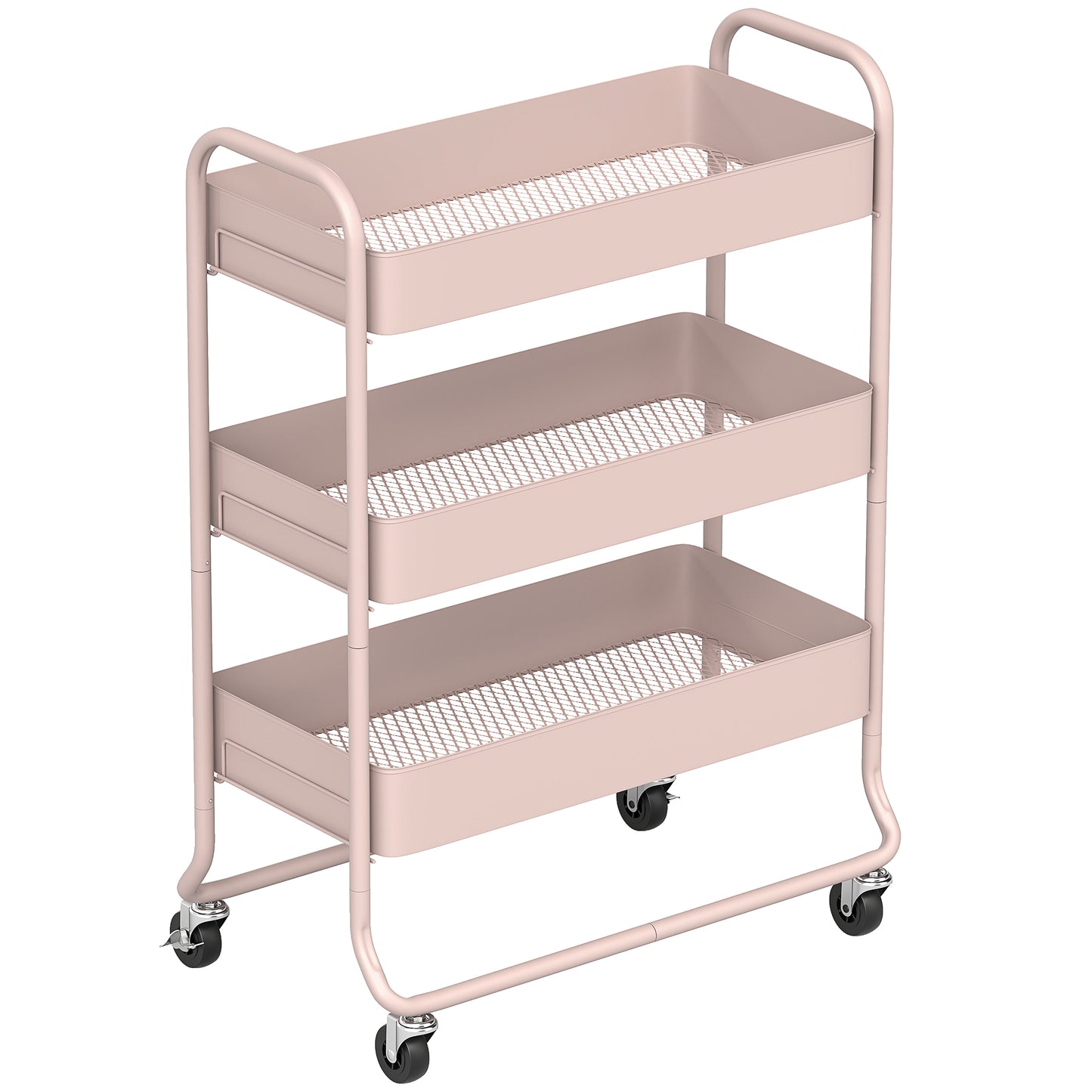 3-Tier Storage Trolley on Wheels, Rolling Utility Cart with Mesh Backets for Kitchen, Bathroom, Bedroom, Light Pink