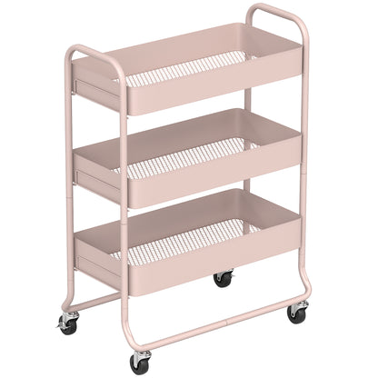 3-Tier Storage Trolley on Wheels, Rolling Utility Cart with Mesh Backets for Kitchen, Bathroom, Bedroom, Light Pink
