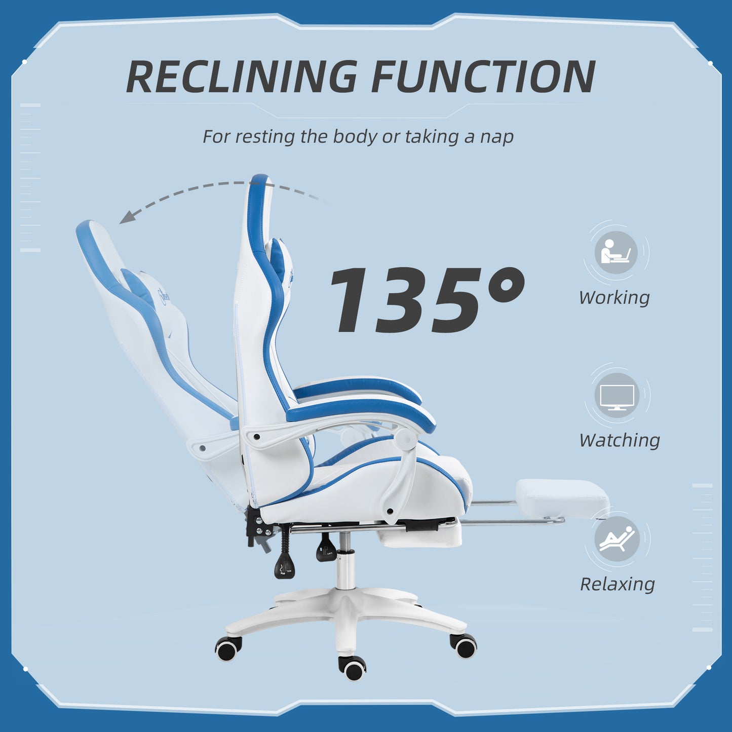 Gaming Chair, Computer Gamer Chair with Reclining High Back, Headrest, Lumbar Support, Footrest, Swivel Wheels, PU Leather