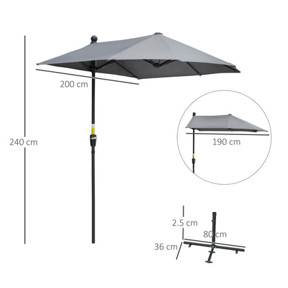 2m Half Parasol Market Umbrella Garden Balcony Parasol with Crank Handle, Base, Double-Sided Canopy, Dark Grey