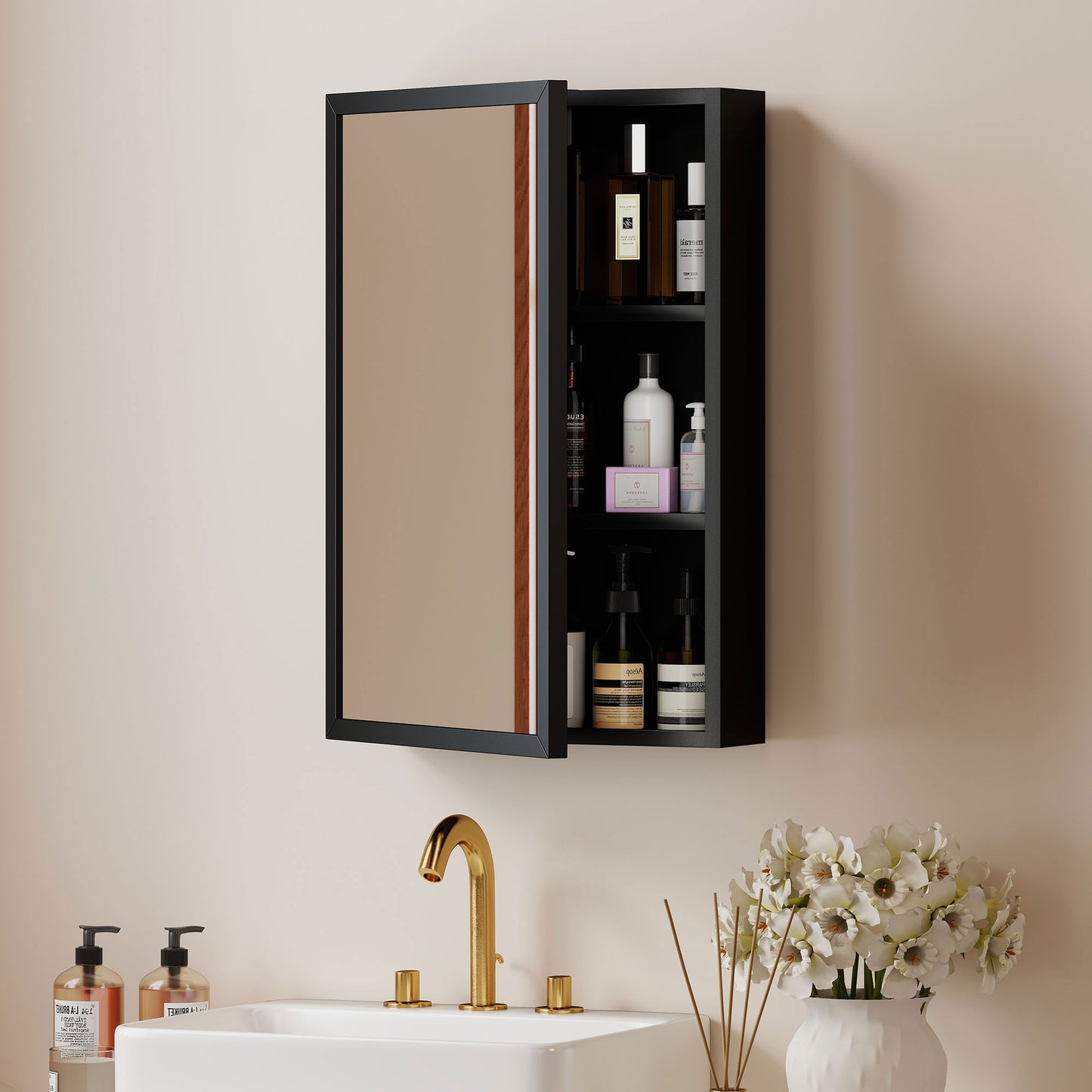 Bathroom Cabinet with Mirror, Wall Mounted Bathroom Mirror Cabinet with Storage Shelves, 40 x 12 x 60 cm, Black