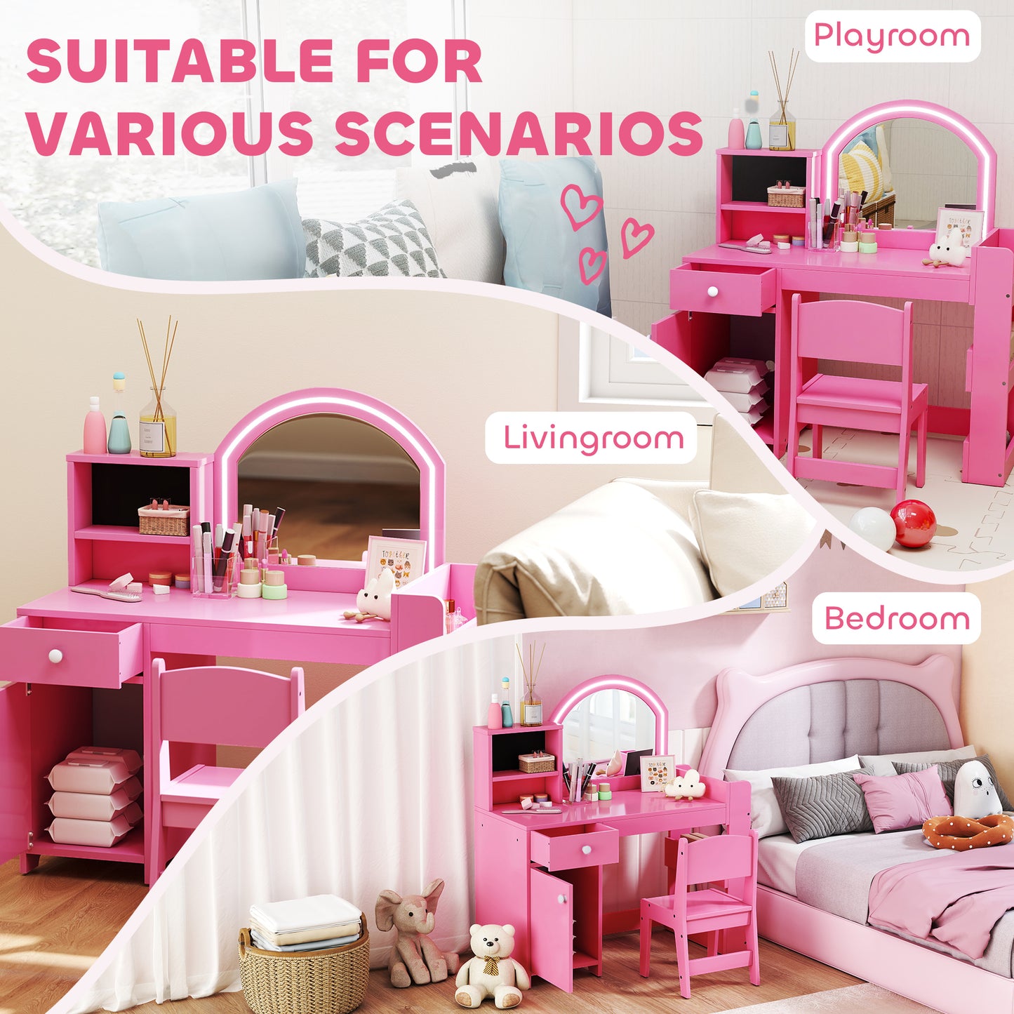 Kids Vanity Table and Chair Set, Girls Dressing Table with 2-Colour LED Mirror, Stool, Cabinet, Drawer, Shelves, Pink