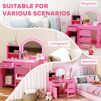 Kids Vanity Table and Chair Set, Girls Dressing Table with 2-Colour LED Mirror, Stool, Cabinet, Drawer, Shelves, Pink