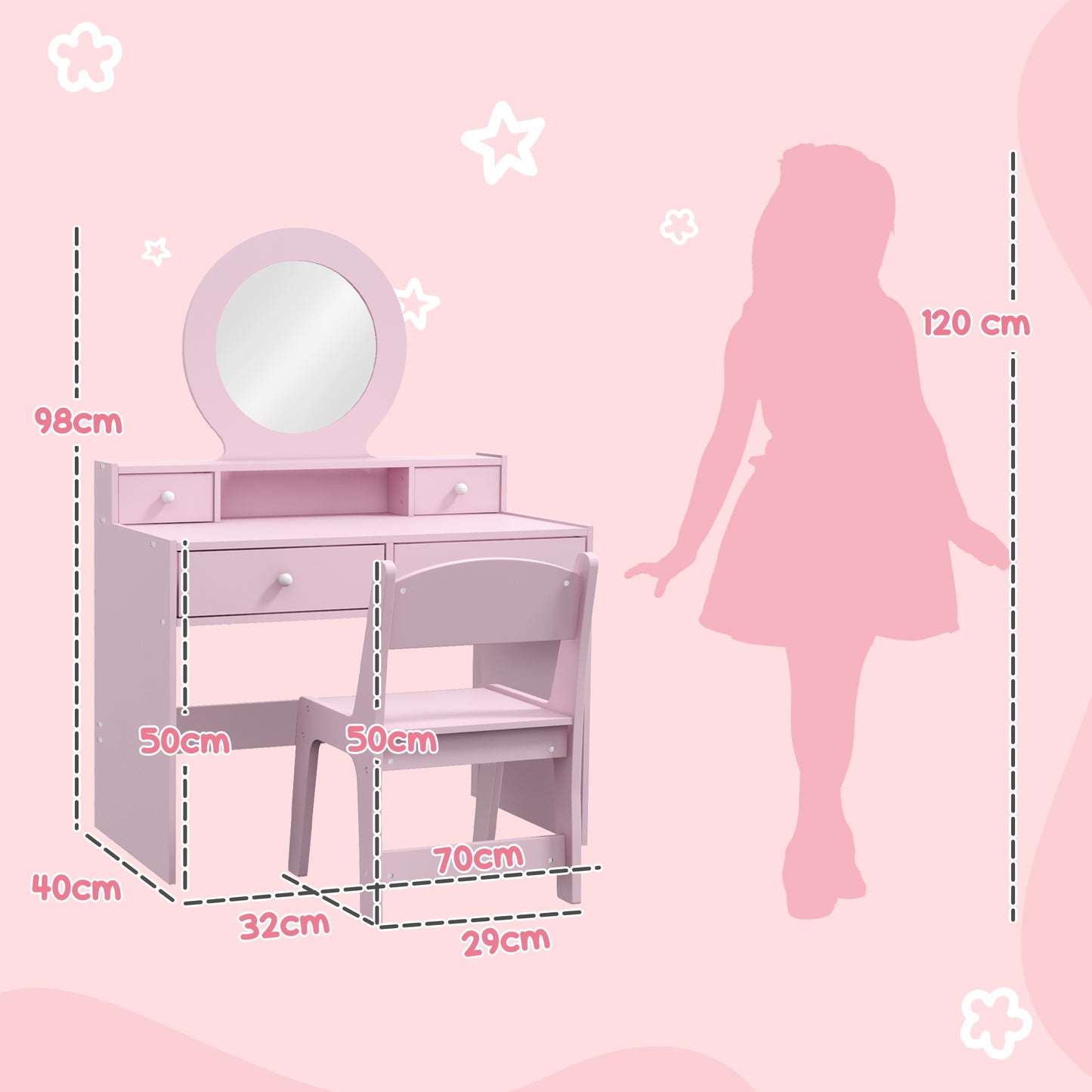 Kids Dressing Table Set Kids Make up Table with Stool and Mirror, Storage Drawers, Gift for Aged 3-8