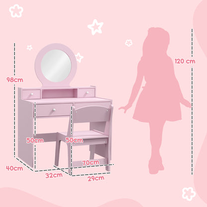 Kids Dressing Table Set Kids Make up Table with Stool and Mirror, Storage Drawers, Gift for Aged 3-8