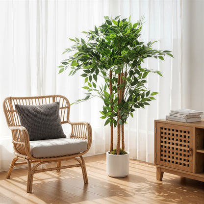 120cm Artificial Ficus Tree, Fake Potted Tree with Solid Wood Trunk and Pot for Indoor, Green