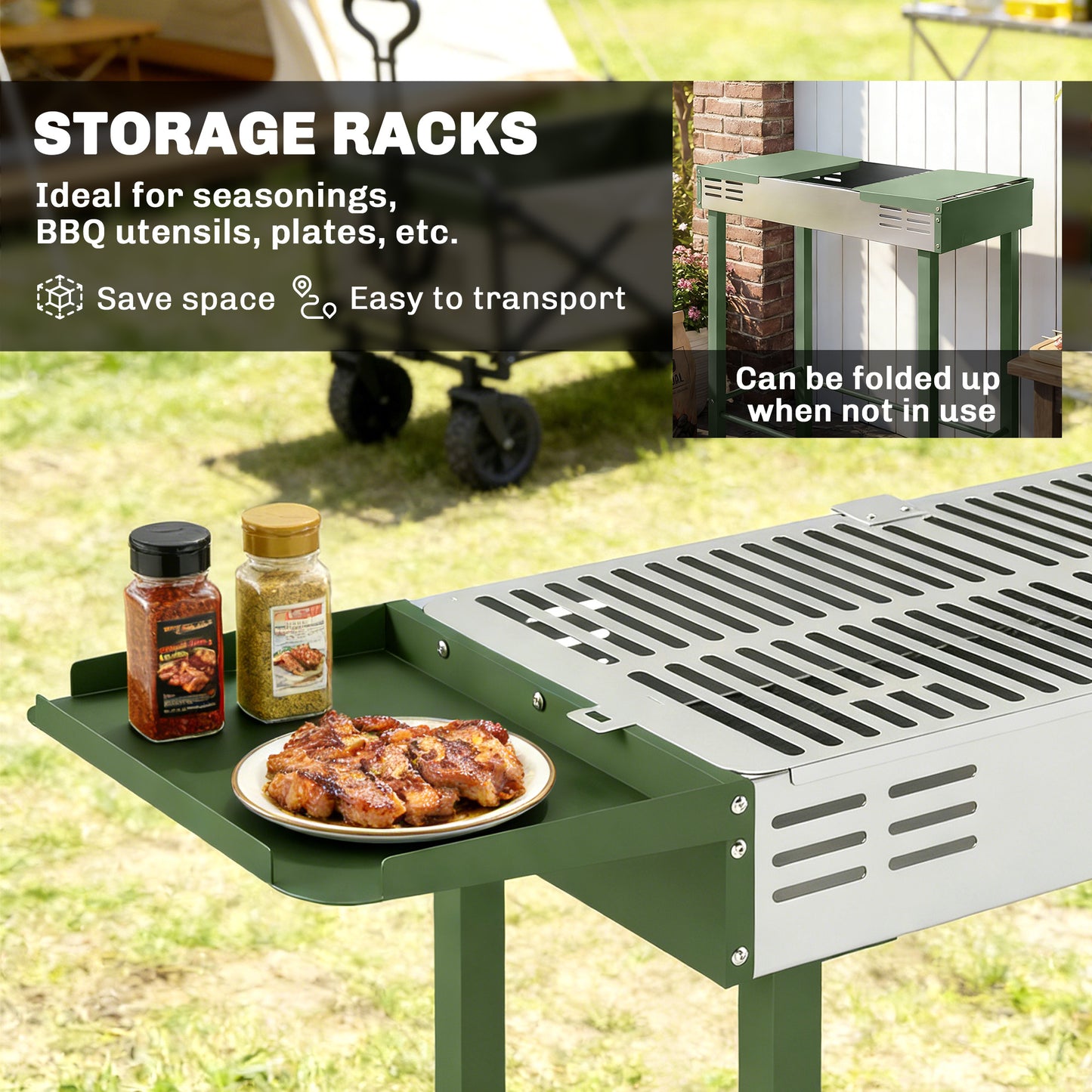 BBQ Rotisserie Grill Roaster Charcoal Spit Roasting Machine for Chicken Turkey with 3-Level Grill Grate, Side Shelves