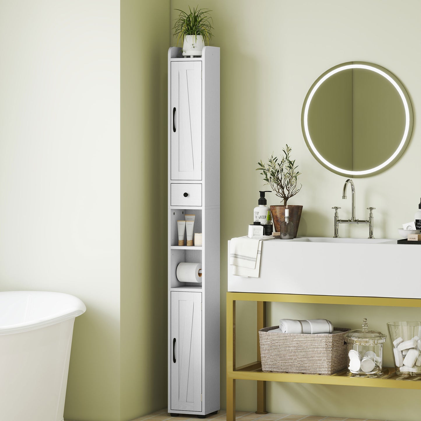 Tall Bathroom Cabinet, Farmhouse Slim Bathroom Storage Cabinet with Barn Doors, Toilet Paper Roll Holder