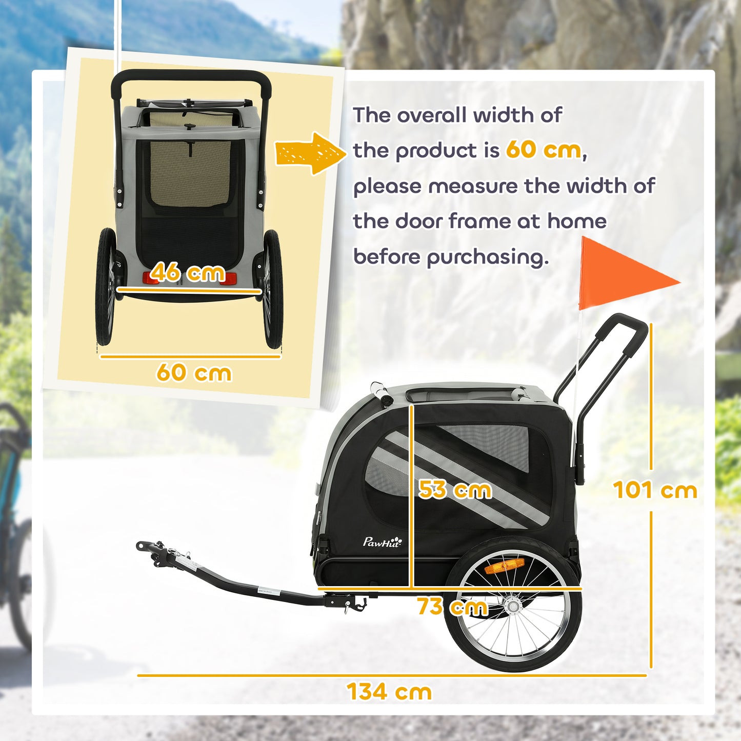 2-In-1 Pet Bike Trailer Dog Stroller Pushchair with Universal Wheel Reflector Flag Grey