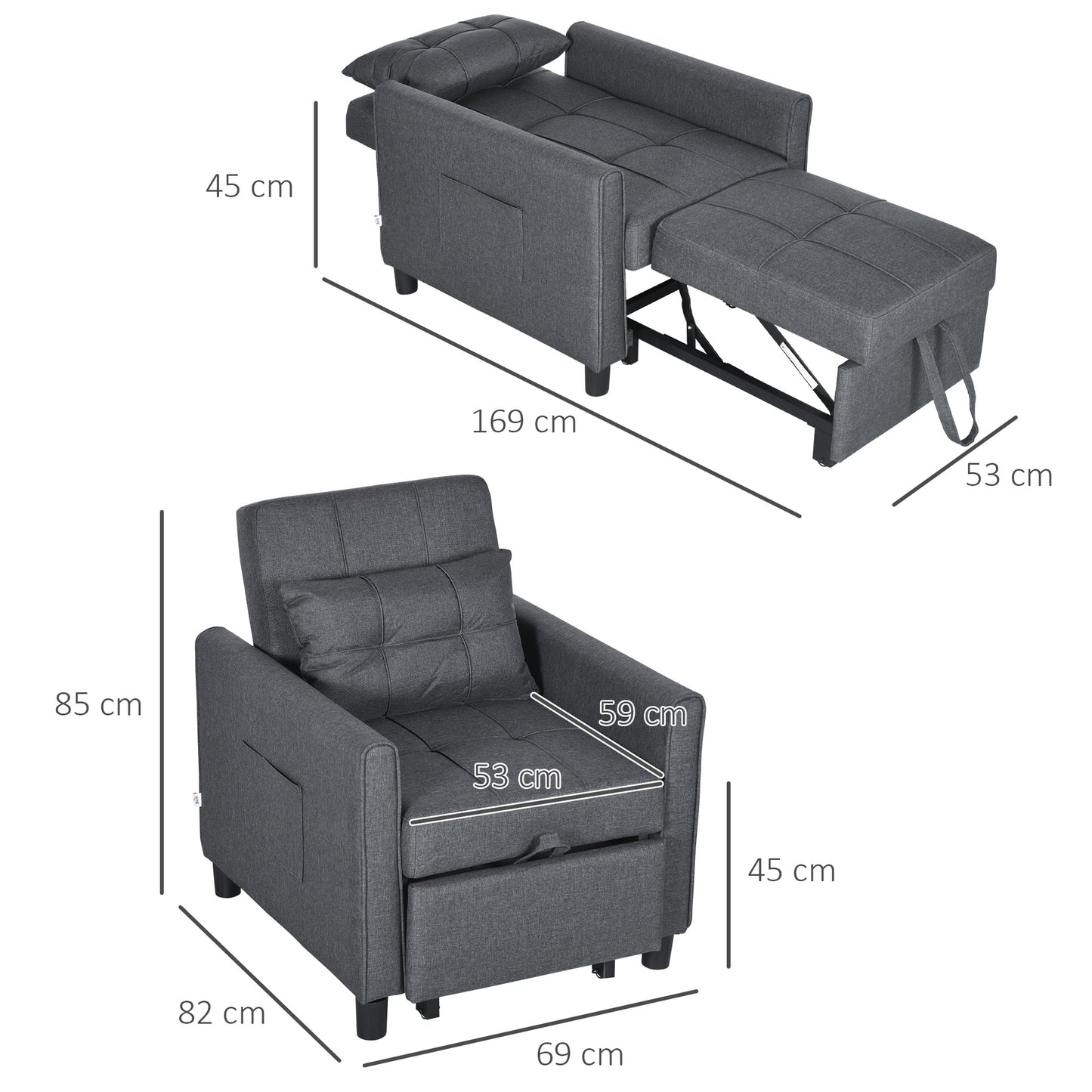 3-In-1 Linen-Look Single Chair Bed with Adjustable Back & Eucalyptus Wood Sofa Frame - Grey