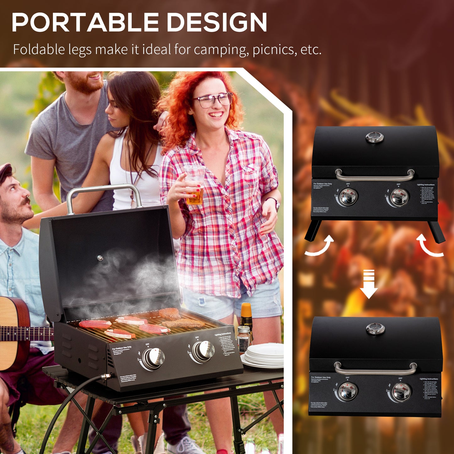 2 Burner Gas BBQ Grill, 5.8 kW Outdoor Portable Folding Tabletop Barbecue w/ Lid, Thermometer, Carbon Steel, Black