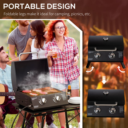 2 Burner Gas BBQ Grill, 5.8 kW Outdoor Portable Folding Tabletop Barbecue w/ Lid, Thermometer, Carbon Steel, Black