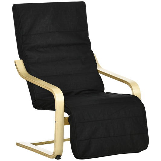 Wooden Armchair, Upholstered Linen Lounge Chair with Adjustable Footrest & Removable Cushion, Poang Chair for Living Room