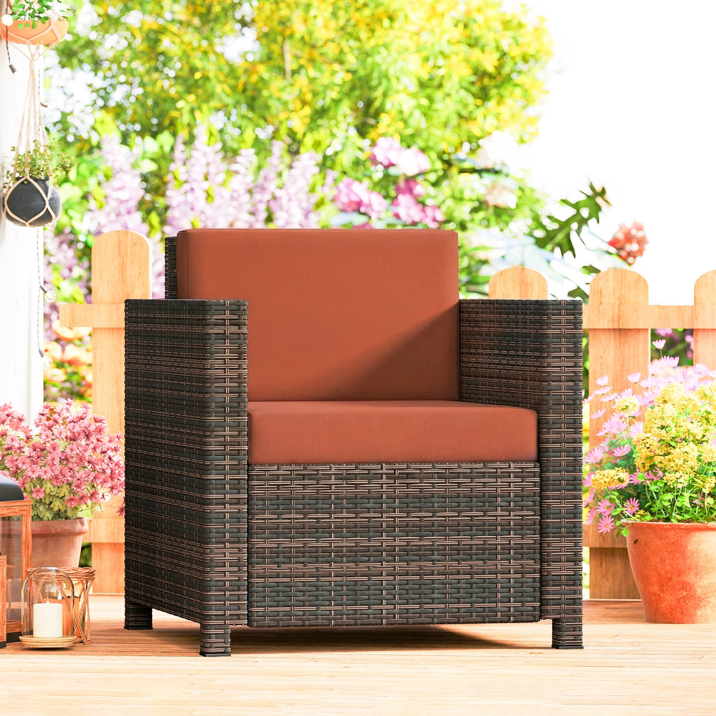 PE Rattan Garden Armchair with Cushion - Mixed Brown/Orange
