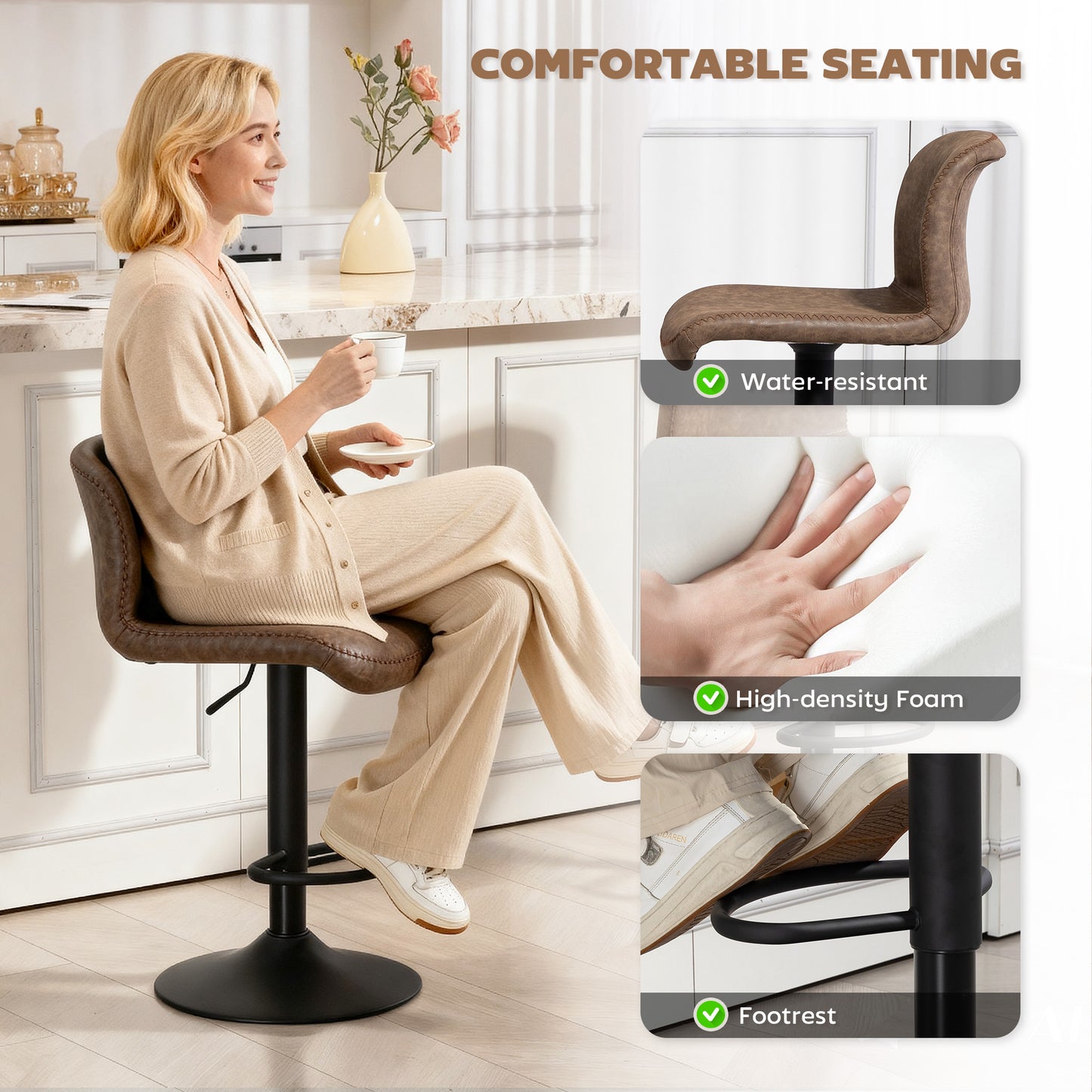 Bar Stools Set of 2, PU Leather Barstools with Backrest and Footrest for Kitchen, Counter, Breakfast Bar, Brown