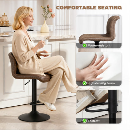 Bar Stools Set of 2, PU Leather Barstools with Backrest and Footrest for Kitchen, Counter, Breakfast Bar, Brown