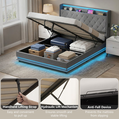 5ft King Bed Frame with Headboard, Platform Bed Frame with Hydraulic Storage, LED Lights and Charging Station, Grey