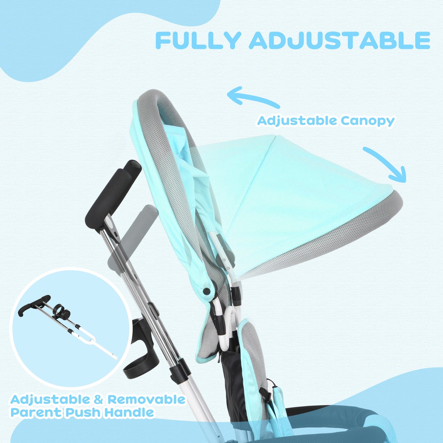 6 in 1 Kids Trike Push Bike w/ Push Handle, Canopy, 5-point Seat Belt, Storage, Footrest, Brake, for 1-5 Years, Green