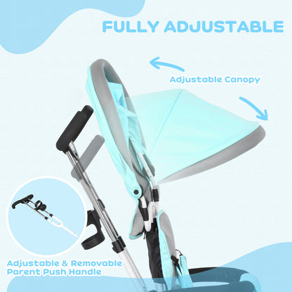 6 in 1 Kids Trike Push Bike w/ Push Handle, Canopy, 5-point Seat Belt, Storage, Footrest, Brake, for 1-5 Years, Green