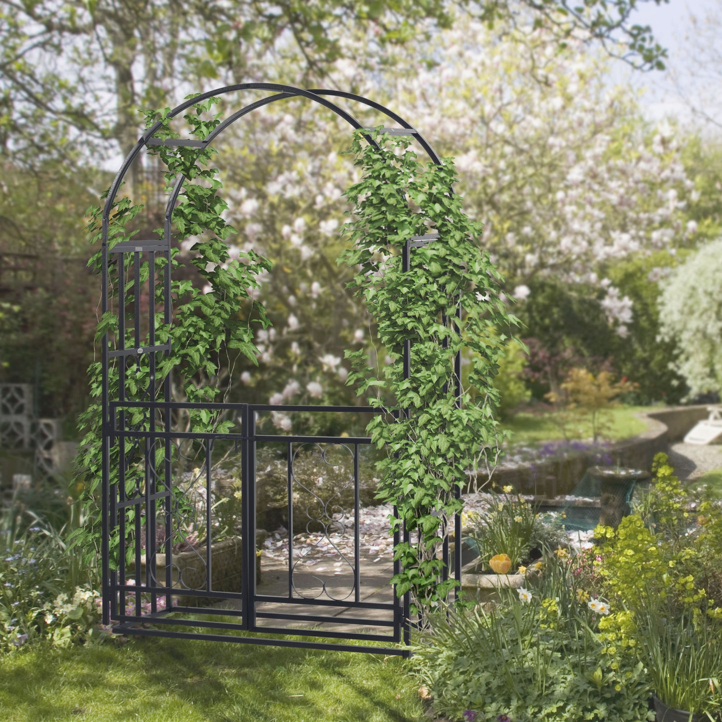Outdoor Garden Arch with Double Gates, Metal Garden Arbor for Climbing Plants, Roses, Vines, Wedding Arch for Outdoor