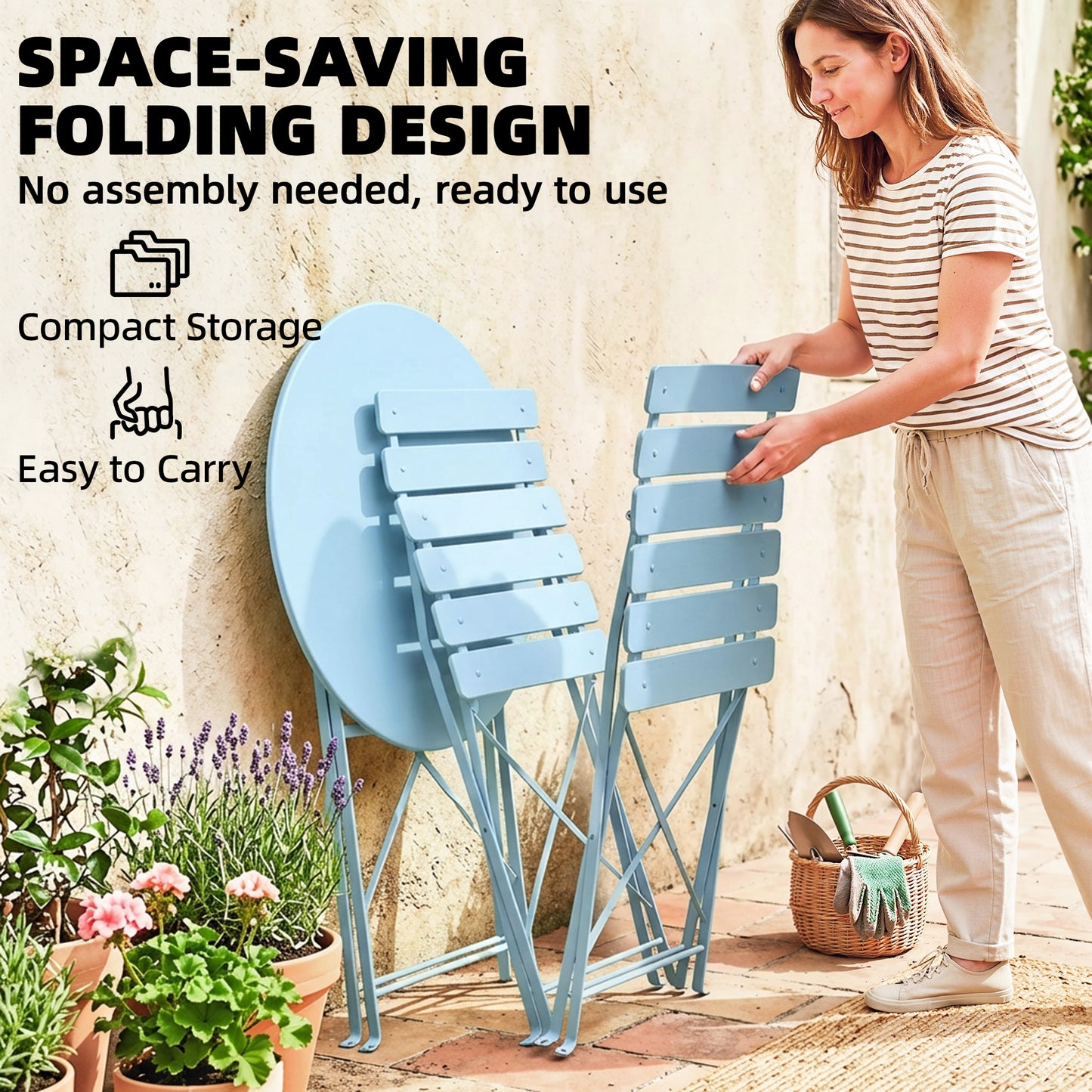 Folding Garden Bistro Set, Outdoor Round Bistro Table and Chairs Set 2 with Electrophoresis Metal Frame, Light Blue