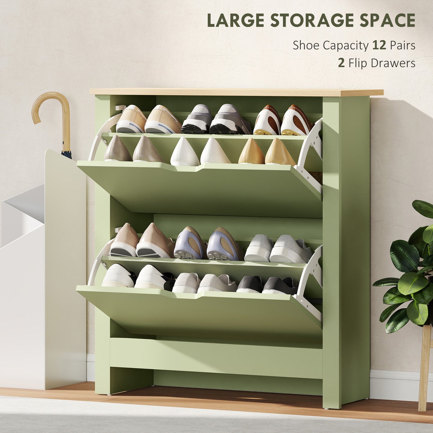 Slim Shoe Cabinet, Narrow Shoe Cupboard with 2 Flip Drawers, Adjustable Shelves for 12 Pairs of Shoes, Green