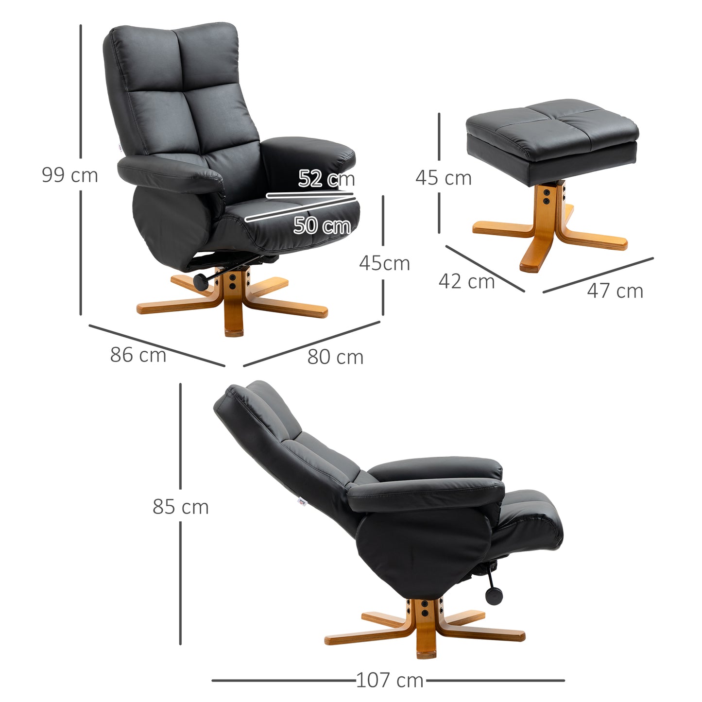 PU Leather Swivel Recliner Chair with Footstool, Wooden Base and Storage for Living Room, Black