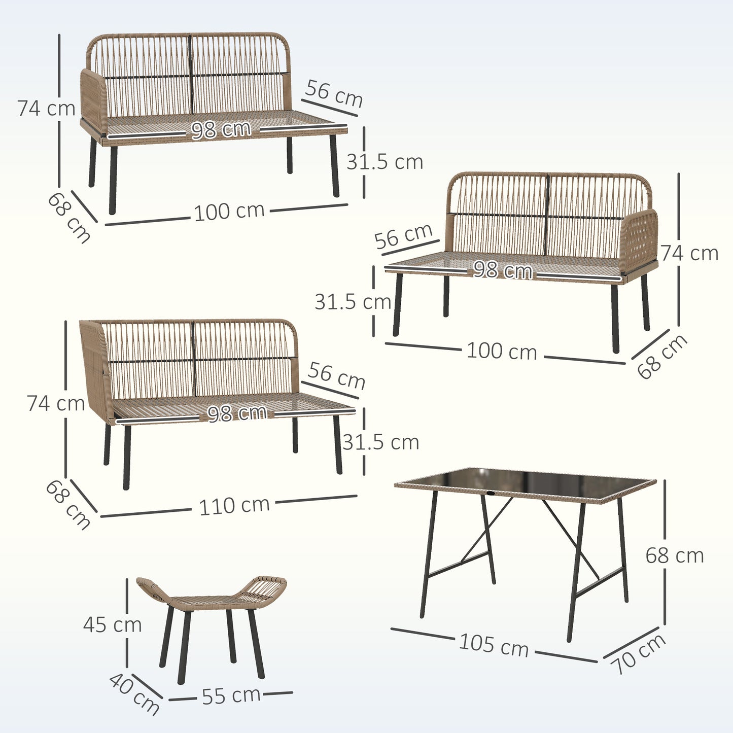 6 Piece Rattan Garden Furniture Set, 8 Seater Garden Corner Sofa with Cushions and Glass Top Table