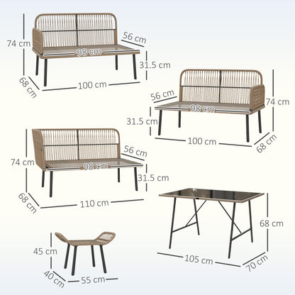6 Piece Rattan Garden Furniture Set, 8 Seater Garden Corner Sofa with Cushions and Glass Top Table