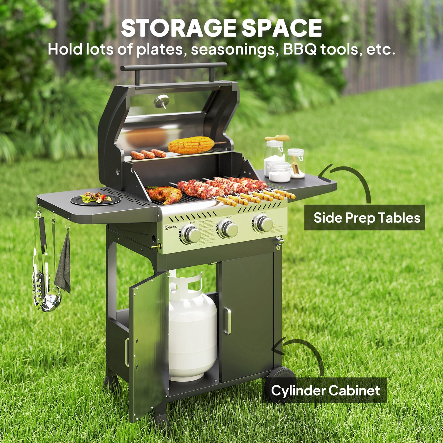 7.5kW Three-Burner Gas BBQ Grill, with See-Through Lid - Black