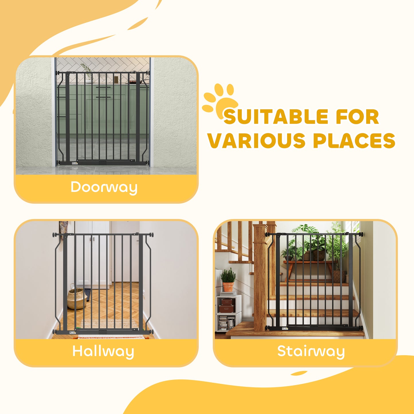 Extra Wide Dog Gate, with Door Pressure, for Doorways, Hallways, Staircases - Black