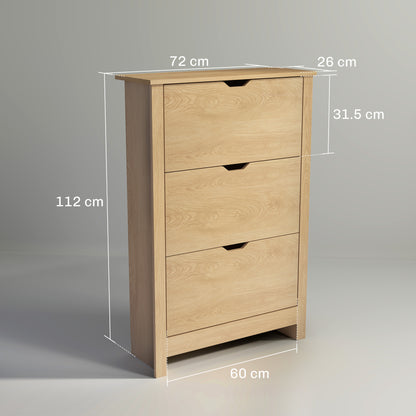 Slim Shoe Cabinet, Narrow Shoe Cupboard with 3 Drawers, Adjustable Shelves for 18 Pairs of Shoes, Natural Wood Finish