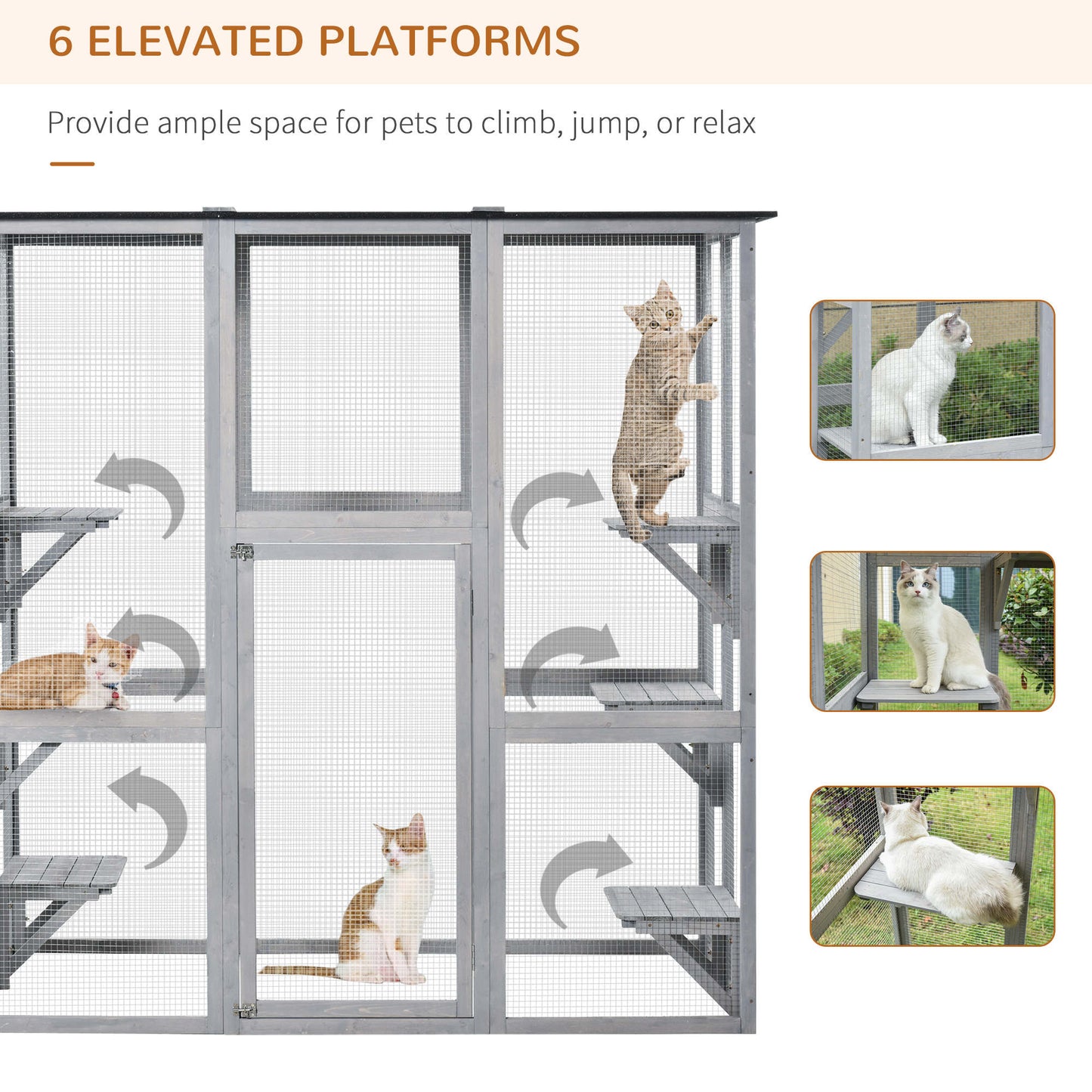 Wooden Catio Cat Outdoor Enclosure, Cat Cage with Waterproof Roof, Platforms, for Multiple Kittens, 180 x 98 x 180 cm