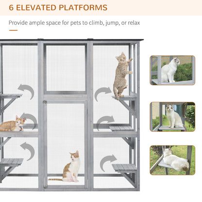 Wooden Catio Cat Outdoor Enclosure, Cat Cage with Waterproof Roof, Platforms, for Multiple Kittens, 180 x 98 x 180 cm