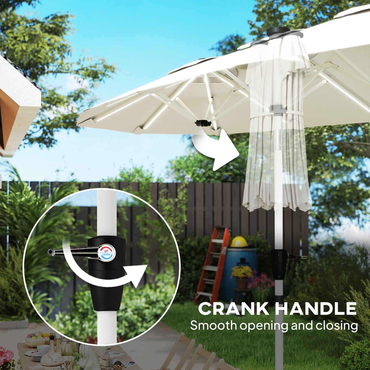 3 m Double-Sided Garden Parasol with LED Solar Lights, Tilt, Outdoor Extra Large Sun Umbrella with Crank Handle, Cream