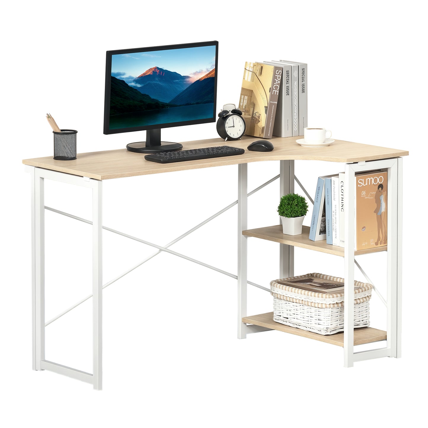 Folding Desk, L Shaped Desk, Corner Computer Desk with 2-Tier Storage Shelf for Home Office, Study Room, Workstation