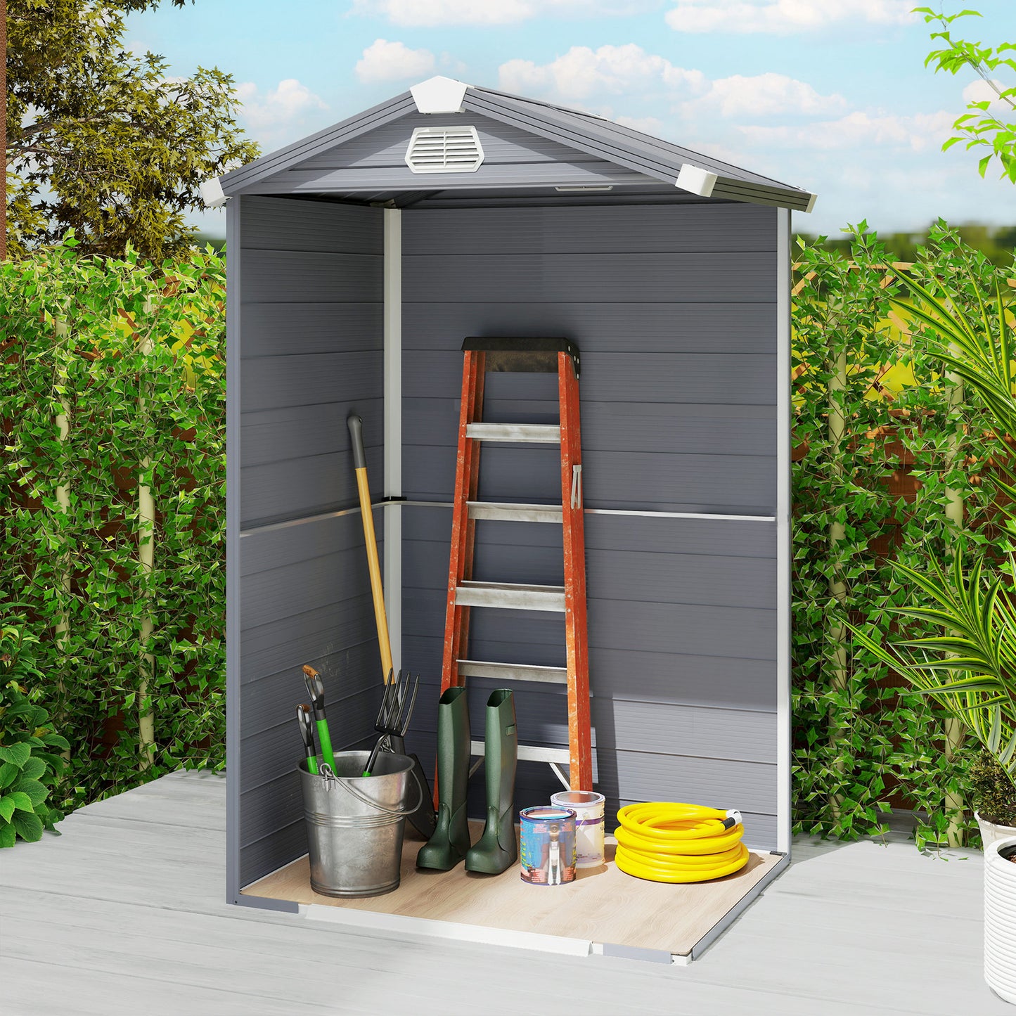 4.4ft x 3.3ft size Aluminium Frame and Plastic Wall Shed, with Foundation - Grey
