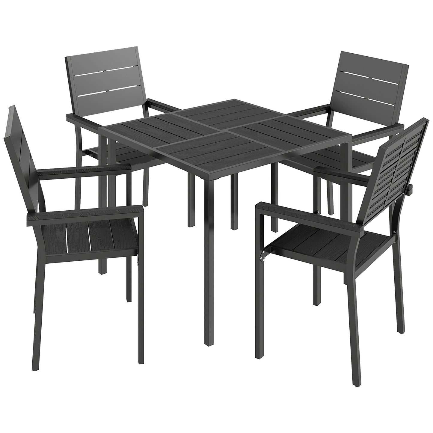 5 Pieces Garden Dining Set, Garden Table and Chairs Set for 4 with Square HDPE Table and Chairs with Armrests, Black