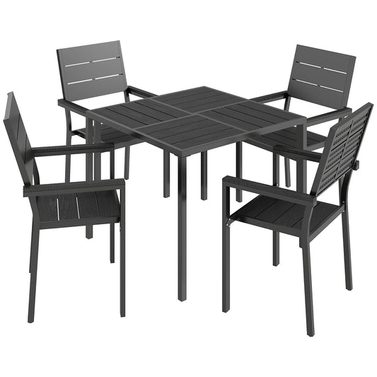 5 Pieces Garden Dining Set, Garden Table and Chairs Set for 4 with Square HDPE Table and Chairs with Armrests, Black